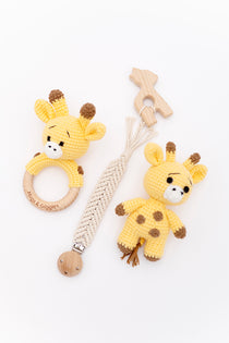 Hugs & Giggles handmade crochet baby snuggle gift set with rattle and teether