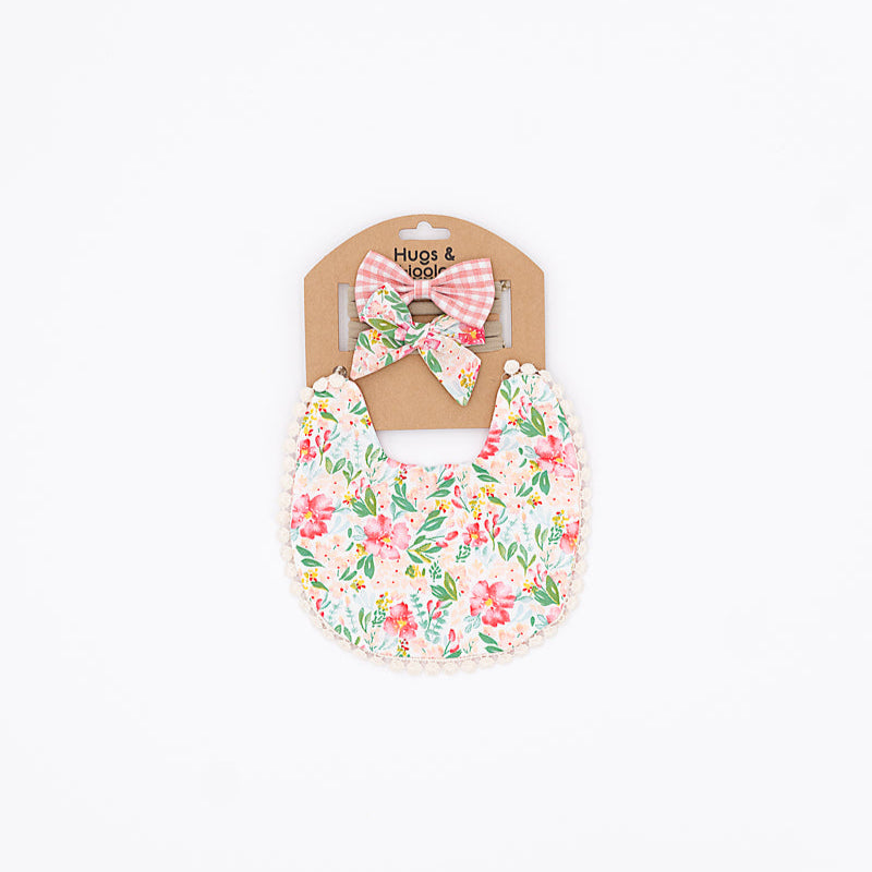 Hugs & Giggles reversible floral cotton baby bib set with matching bow