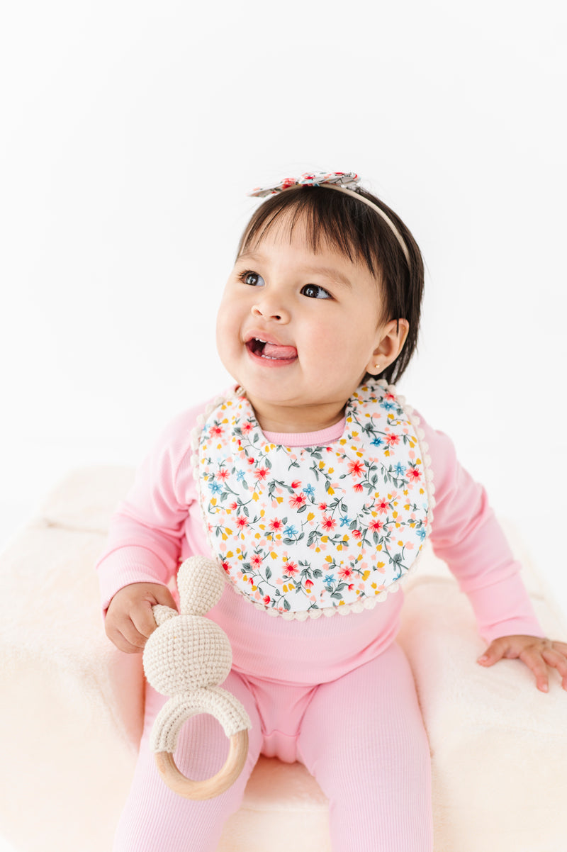 Hugs & Giggles reversible floral cotton baby bib set with matching bow