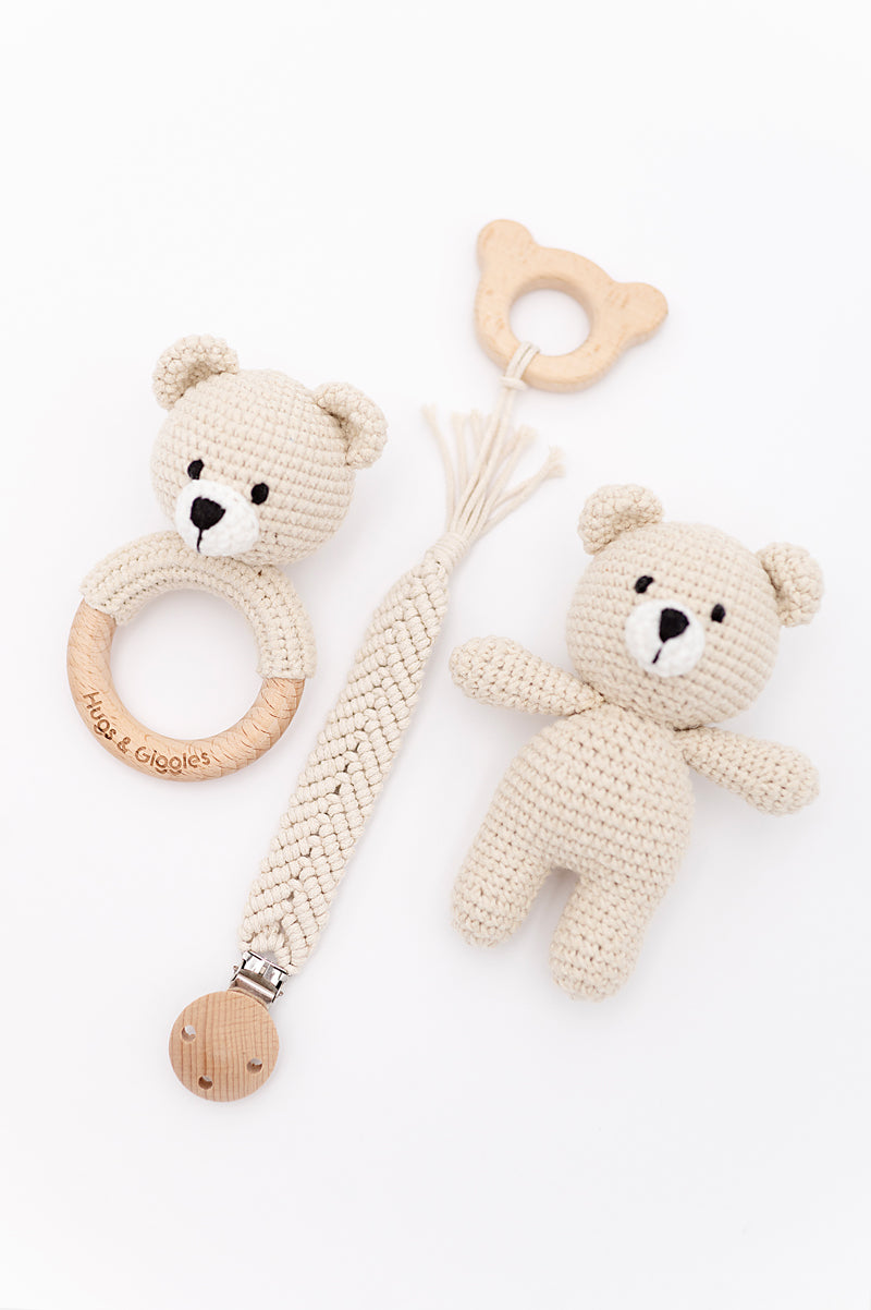 Hugs & Giggles handmade crochet baby snuggle gift set with rattle and teether