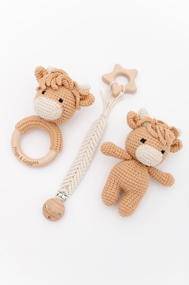 Hugs & Giggles handmade crochet baby snuggle gift set with rattle and teether
