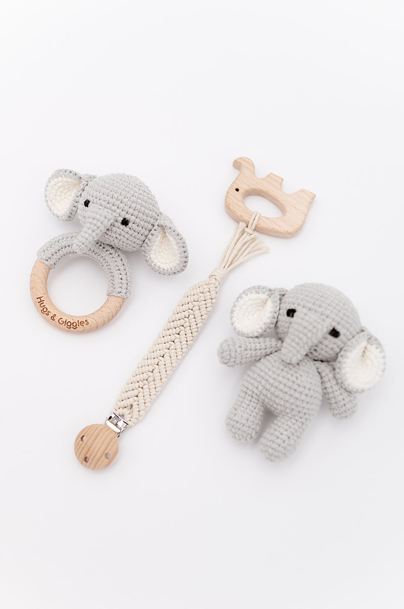 Hugs & Giggles handmade crochet baby snuggle gift set with rattle and teether