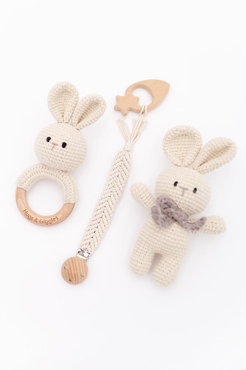 Hugs & Giggles handmade crochet baby snuggle gift set with rattle and teether