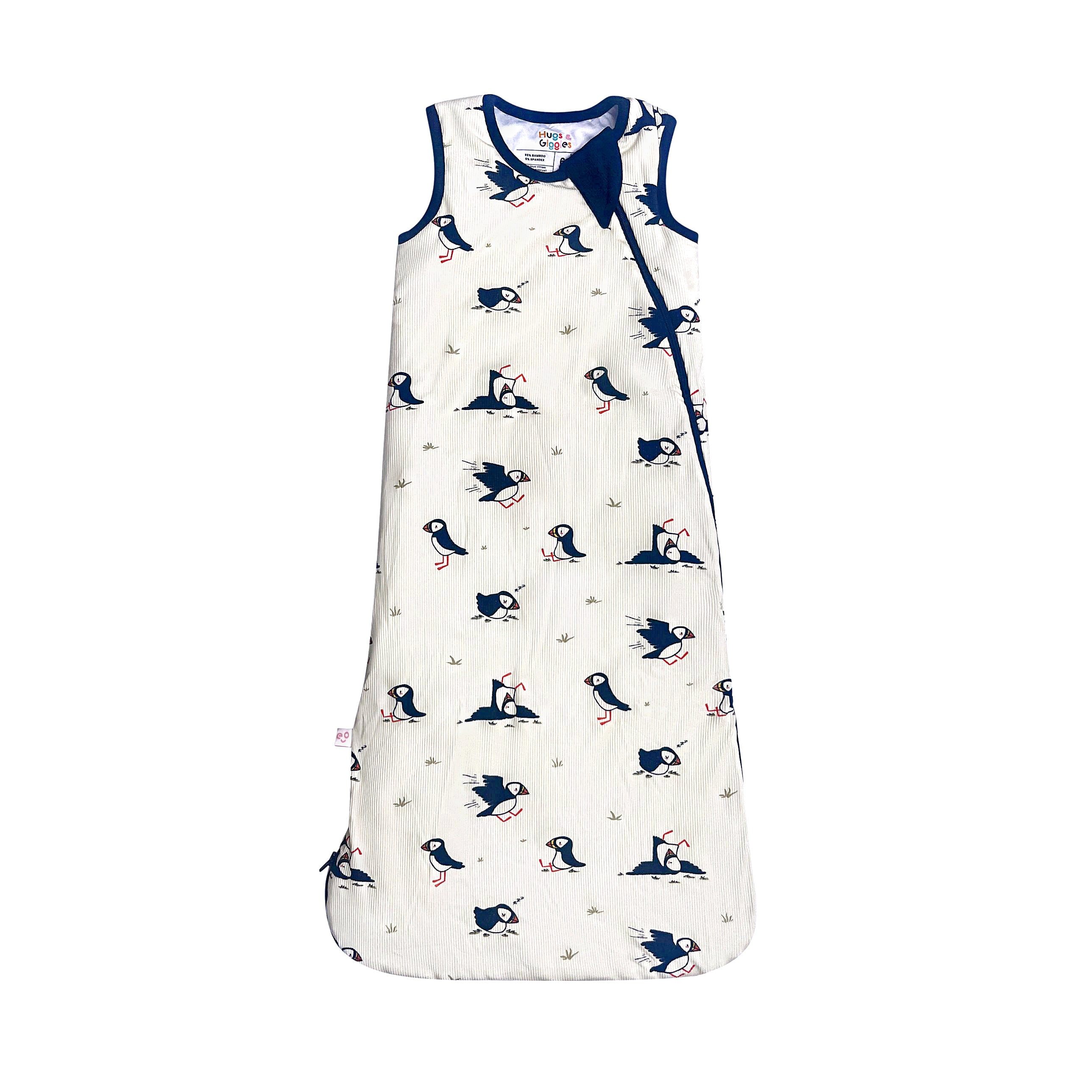 Hugs & Giggles bamboo baby sleep bag in Puffin print, flat lay