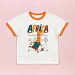 Africa Zoo Champions soccer tee - giraffe mascot flat lay
