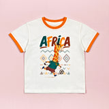 Africa Zoo Champions soccer tee - giraffe mascot flat lay