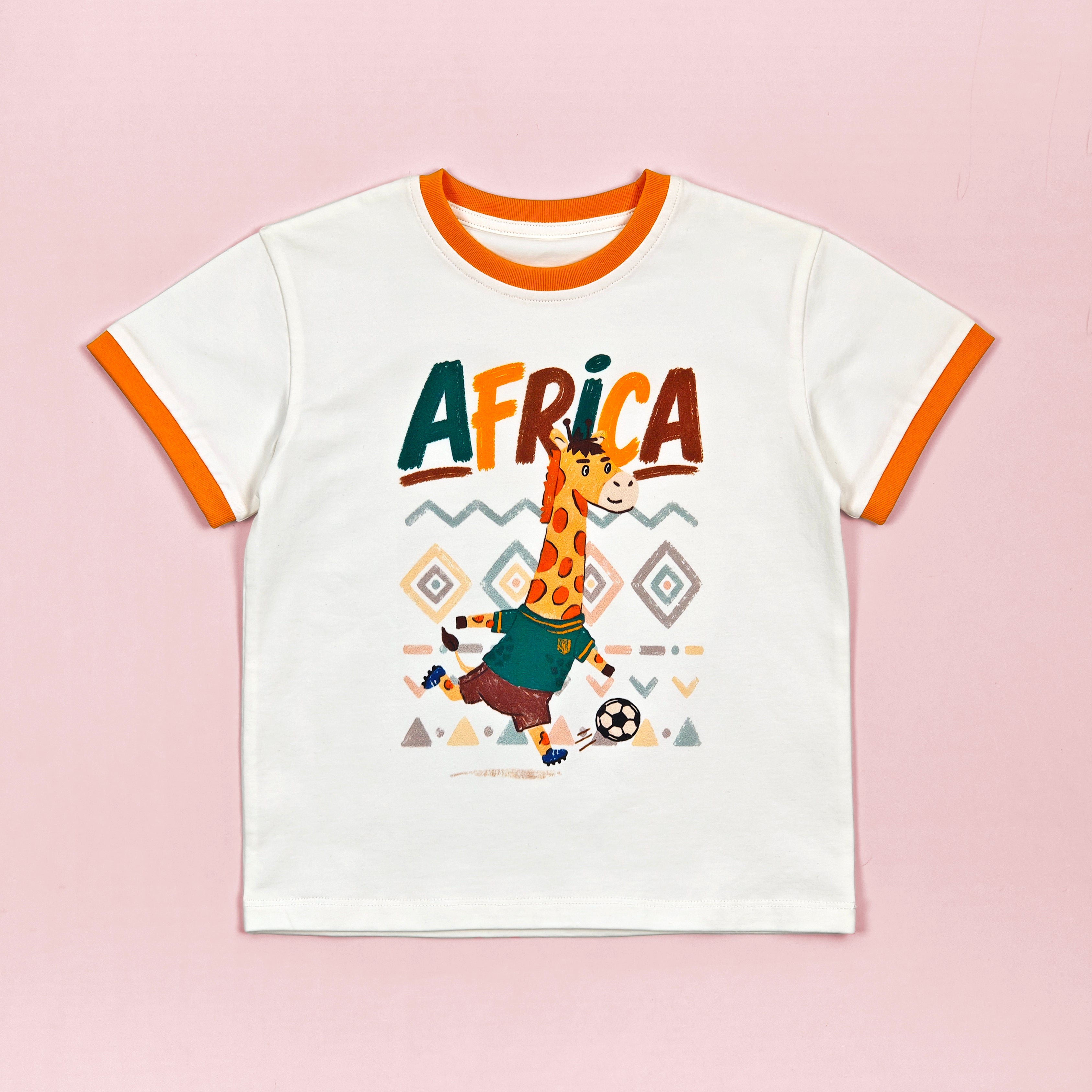 Africa Zoo Champions soccer tee - giraffe mascot flat lay