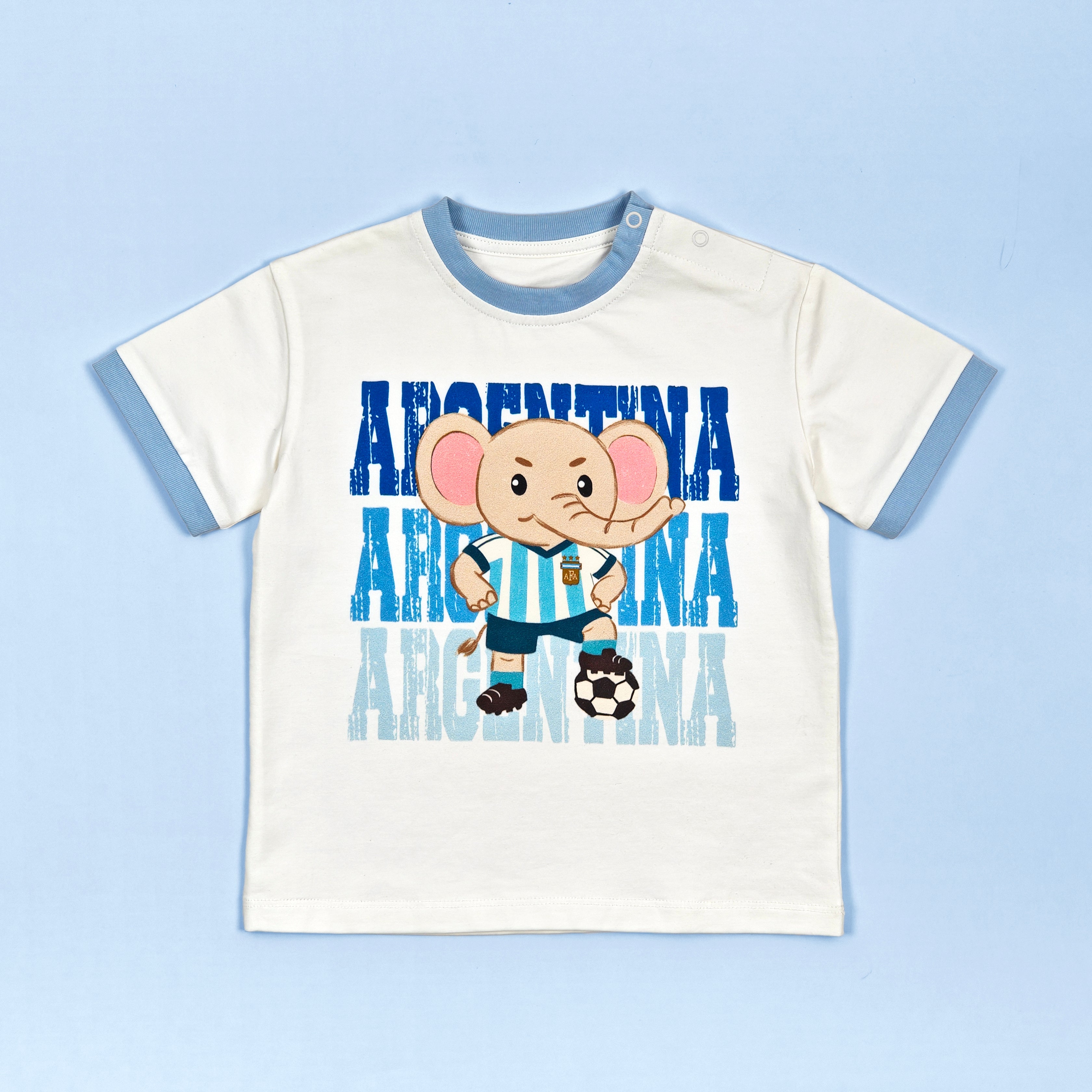 Argentina Zoo Champions soccer tee - elephant mascot flat lay