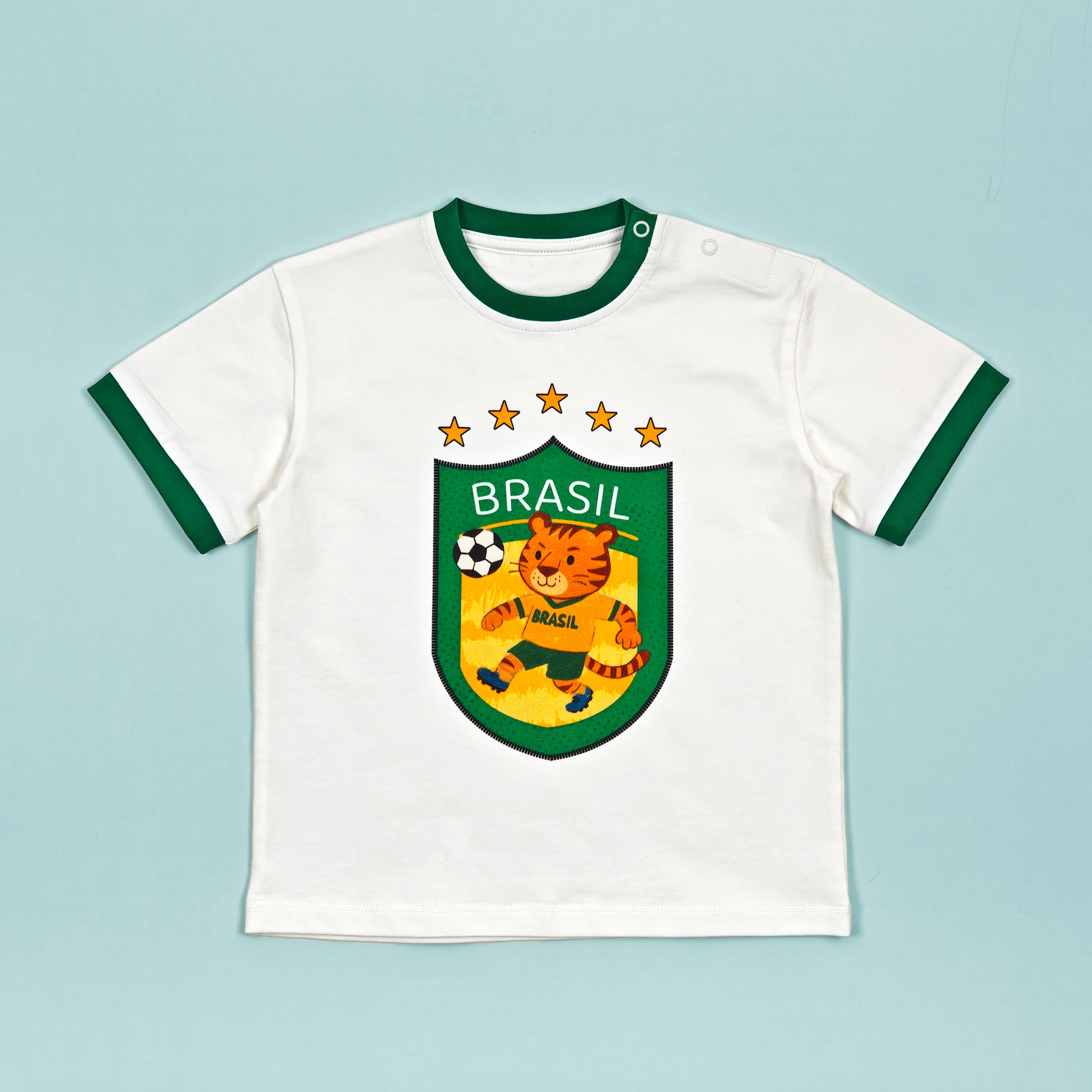 Brasil Zoo Champions soccer tee - tiger mascot flat lay